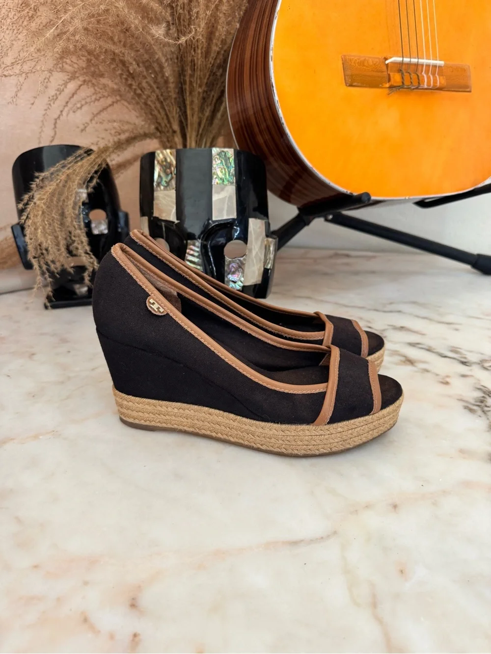 Tory Burch Black Canvas Espadrille Wedge Peep Toe Shoes Women’s EU 37.5
